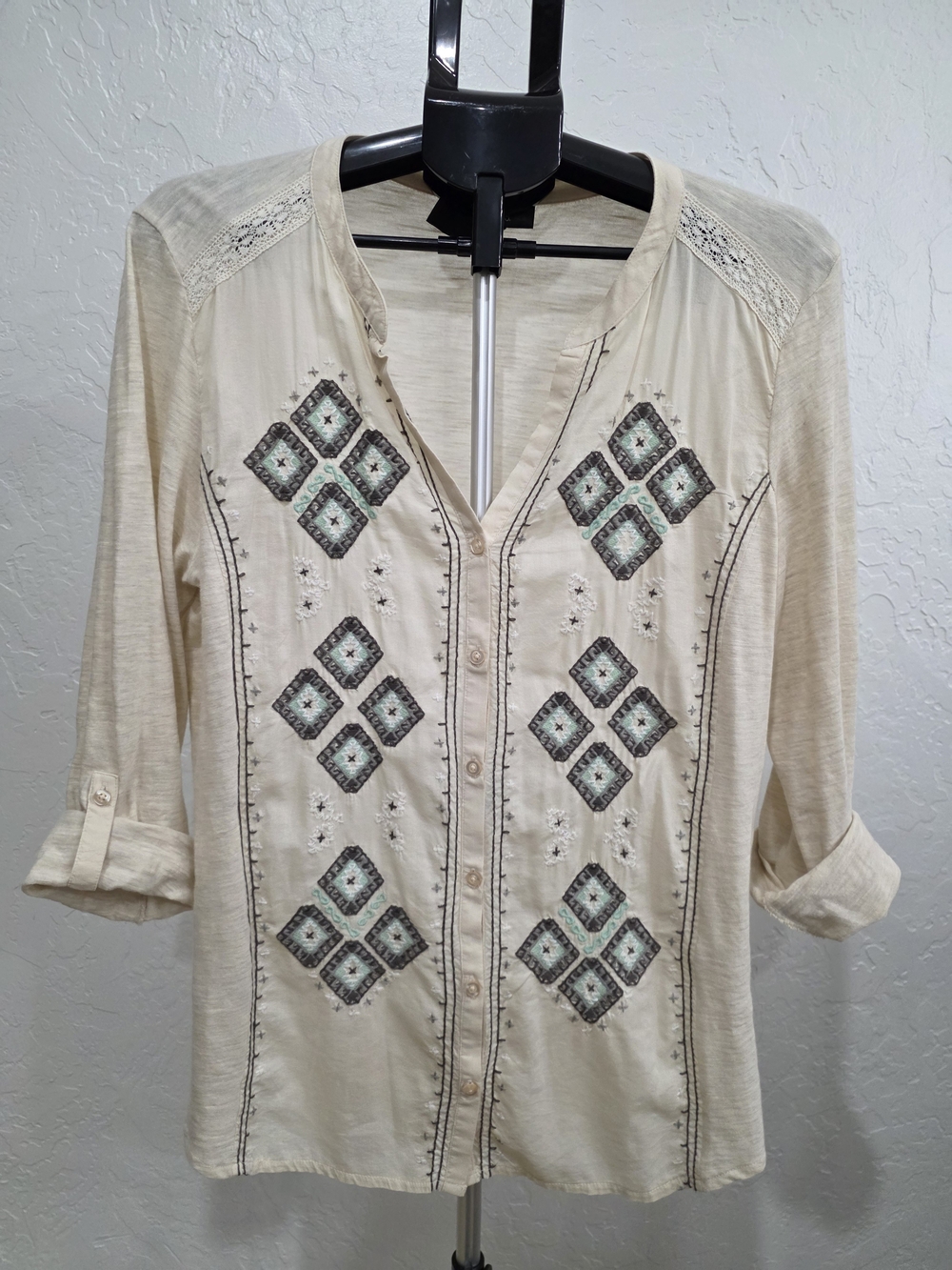 Style & Co. Cream Button-Front Embroidered Shirt